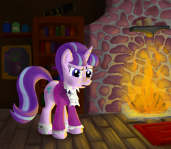 Size: 3316x2880 | Tagged: safe, artist:mc_labs15, snowfall frost, starlight glimmer, pony, unicorn, a hearth's warming tail, g4, book, bookshelf, clothes, cufflinks, cuffs (clothes), female, fire, fireplace, glasses, hearth's warming eve, high res, open mouth, painting, solo, telescope