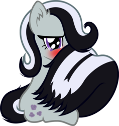 Size: 1541x1628 | Tagged: safe, artist:badumsquish, derpibooru exclusive, marble pie, original species, skunk, skunk pony, g4, blushing, cute, female, hiding behind tail, looking at you, pun, shy, simple background, skunkified, smiling, solo, species swap, tail wrap, transparent background