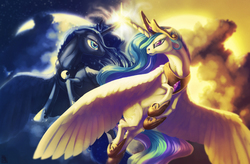 Size: 1887x1241 | Tagged: safe, artist:t0xiceye, princess celestia, princess luna, alicorn, pony, g4, duo, glowing horn, horn, large wings, moon, sun, wings