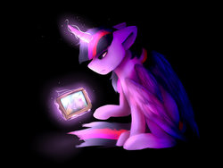 Size: 1024x768 | Tagged: safe, artist:pprinceran, twilight sparkle, alicorn, pony, g4, black background, broken glass, female, glowing horn, horn, immortality, immortality blues, magic, magic aura, mare, picture frame, simple background, solo, telekinesis, twilight sparkle (alicorn), twilight will outlive her friends