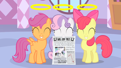 Size: 1280x720 | Tagged: safe, screencap, apple bloom, scootaloo, sweetie belle, earth pony, pony, g4, stare master, bad idea, cutie mark crusaders, fake news, foal free press, gabby gums, imminent spanking, newspaper, these sweet little angels, this will end in tears and/or death and/or covered in tree sap