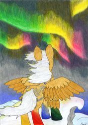 Size: 2454x3474 | Tagged: safe, artist:saxpony, oc, oc only, pony, aurora borealis, avatar the last airbender, crossover, double wings, female, high res, looking up, mare, multiple wings, snow, spread wings, traditional art