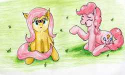 Size: 2706x1626 | Tagged: safe, artist:40kponyguy, derpibooru exclusive, fluttershy, pinkie pie, butterfly, earth pony, pegasus, pony, g4, cross-eyed, eyes closed, laughing, traditional art