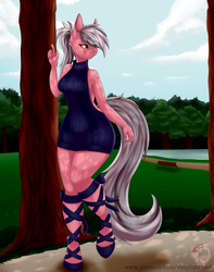 Size: 1280x1625 | Tagged: safe, artist:pinktabico, oc, oc only, anthro, unguligrade anthro, backless, clothes, commission, open-back sweater, ponytail, scenery, sleeveless sweater, solo, sweater, virgin killer sweater