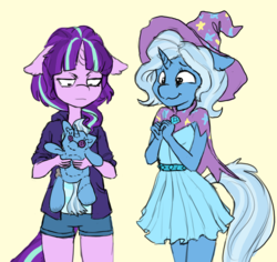 Size: 1024x965 | Tagged: safe, artist:orchidpony, starlight glimmer, trixie, unicorn, anthro, g4, alternate hairstyle, button eyes, cape, clothes, cute, diatrixes, dress, female, floppy ears, hat, hoodie, lesbian, lidded eyes, mare, plushie, s5 starlight, ship:startrix, shipping, simple background, smiling, trixie's cape, trixie's hat, wizard hat, yellow background