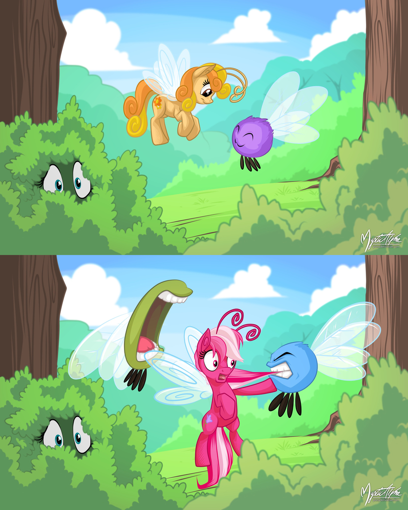 1372368 - safe, artist:mysticalpha, fluttershy, tra-la-la, zipzee, breezie,  parasprite, pegasus, pony, g3, g4, .zip file at source, comic, g3 to g4,  generation leap, imminent vore, implied vore - Derpibooru