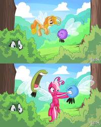 Size: 2560x3200 | Tagged: safe, artist:mysticalpha, fluttershy, tra-la-la, zipzee, breezie, parasprite, pegasus, pony, g3, g4, .zip file at source, comic, g3 to g4, generation leap, high res, imminent vore, implied vore