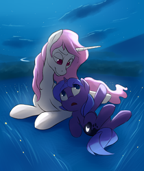 Size: 2261x2690 | Tagged: safe, artist:vistamage, princess celestia, princess luna, alicorn, pony, g4, duo, filly, grass, high res, night, pink-mane celestia, prone, royal sisters, sisters, woona, younger