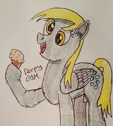 Size: 1283x1440 | Tagged: safe, artist:rapidsnap, derpy hooves, pegasus, pony, g4, cute, derpabetes, female, food, happy, mare, muffin, solo, traditional art