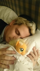 Size: 456x810 | Tagged: source needed, safe, applejack, human, g4, bed, irl, irl human, milo yiannopoulos, photo, pillow, plushie, ring, sleeping, ty