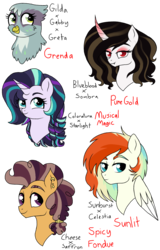 Size: 812x1272 | Tagged: safe, artist:unoriginai, oc, oc only, adoptable, bust, crack shipping, magical gay spawn, magical lesbian spawn, offspring, parent:cheese sandwich, parent:coloratura, parent:gabby, parent:gilda, parent:greta, parent:king sombra, parent:prince blueblood, parent:princess celestia, parent:saffron masala, parent:starlight glimmer, parent:sunburst, shipping, simple background, transparent background