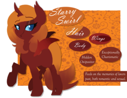 Size: 2000x1547 | Tagged: safe, artist:themodpony, oc, oc only, oc:starry swirl, changeling, blue eyes, commission, fangs, female, hooves, lineless, mare, orange changeling, reference sheet, solo, text, wings