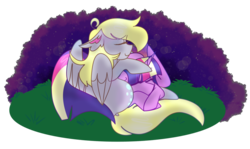 Size: 1024x612 | Tagged: safe, artist:cubbybatdoodles, derpy hooves, twilight sparkle, alicorn, pegasus, pony, g4, cuddling, duo, ear fluff, eyes closed, female, floppy ears, lesbian, night, prone, ship:twerpy, shipping, smiling, snuggling, twilight sparkle (alicorn)