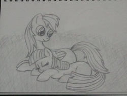 Size: 960x720 | Tagged: safe, artist:intet22, rainbow dash, twilight sparkle, pegasus, pony, unicorn, g4, cuddling, eyes closed, female, lesbian, missing cutie mark, monochrome, pencil drawing, ship:twidash, shipping, snuggling, traditional art