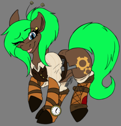 Size: 921x960 | Tagged: safe, artist:razinoats, oc, oc only, oc:sprocket, earth pony, pony, clock, clothes, gauntlet, gun, solo, steampunk, vest