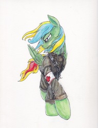 Size: 1701x2227 | Tagged: safe, artist:scribblepwn3, oc, oc only, oc:typh, pegasus, pony, commission, medic, melancholy, pen drawing, soldier, solo, traditional art, watercolor painting