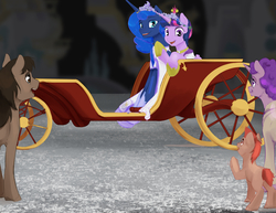 Size: 3850x2975 | Tagged: safe, artist:silfoe, princess luna, twilight sparkle, alicorn, earth pony, pony, unicorn, g4, carriage, clothes, crown, dress, female, high res, jewelry, lesbian, male, mare, regalia, ship:twiluna, shipping, smiling, stallion, twilight sparkle (alicorn), waving, wedding dress