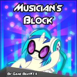 Size: 2160x2160 | Tagged: safe, artist:cloudy glow, artist:game-beatx14, dj pon-3, vinyl scratch, pony, unicorn, fanfic:musician's block, g4, fanfic, fanfic art, female, fimfiction, fimfiction.net link, headphones, high res, hooves, horn, mare, solo, story in the source, sunglasses, text, vector, vinyl's glasses