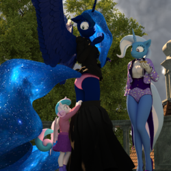 Size: 1750x1750 | Tagged: safe, artist:tahublade7, princess flurry heart, princess luna, trixie, alicorn, anthro, plantigrade anthro, g4, 3d, assisted exposure, clothes, daz studio, embarrassed, embarrassed underwear exposure, female, magician outfit, panties, pantsing, pink underwear, polka dot underwear, skirt, skirt pull, skirt pulled down, tailcoat, tuxedo, underwear