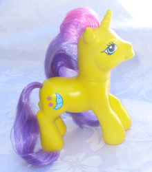 Size: 392x446 | Tagged: safe, artist:mayanbutterfly, blue moon (g3), rise-a-shine, pony, unicorn, g3, customized toy, cute, female, irl, mare, photo, riseabetes, smiling, solo, toy