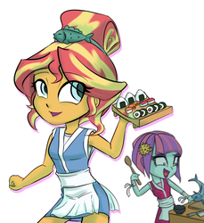 Size: 716x780 | Tagged: safe, artist:kul, sunny flare, sunset shimmer, fish, equestria girls, g4, apron, barrette, clothes, colored pupils, duo, female, food, hairclip, hairpin, happy, no catchlights, panic, serving tray, smiling, standing, sunset sushi, sushi, toy interpretation