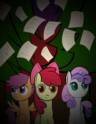 Size: 2550x3300 | Tagged: safe, artist:skyflys, apple bloom, scootaloo, sweetie belle, g4, blood moon, cutie mark crusaders, forest, high res, lost, moon, paper, stars