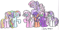 Size: 2228x1161 | Tagged: safe, artist:porfavorsuvida, cheerilee (g3), pinkie pie (g3), rainbow dash (g3), scootaloo (g3), starsong, sweetie belle (g3), toola-roola, g3, g3.5, core seven, traditional art