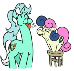 Size: 533x511 | Tagged: safe, artist:jargon scott, bon bon, lyra heartstrings, sweetie drops, earth pony, pony, unicorn, g4, :p, :t, adorabon, alternate cutie mark, angry, bon bon is not amused, cute, duo, eyes closed, faic, female, floppy ears, frown, glare, l.u.l.s., long neck, lyrabetes, mare, nose wrinkle, raspberry, silly, simple background, smiling, squatbon, squatpony, stool, tall, tongue out, unamused, white background