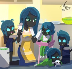 Size: 1200x1149 | Tagged: safe, artist:bluse, queen chrysalis, changeling, equestria girls, g4, apron, bib, chair, clothes, cute, cutealis, cuteling, daaaaaaaaaaaw, equestria girls-ified, family, female, holeless, kneeling, male, mommy chrissy, mother and child, one eye closed, open mouth, pants, plate, plushie, show accurate, signature, swarm, toy