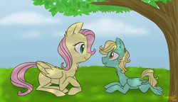 Size: 1024x591 | Tagged: dead source, safe, artist:flourret, fluttershy, zephyr breeze, pegasus, pony, g4, blank flank, brother and sister, chest fluff, cloud, colt zephyr breeze, cute, daaaaaaaaaaaw, duo, ear fluff, female, filly, filly fluttershy, folded wings, grass, looking at each other, lying down, male, neck fluff, open mouth, outdoors, profile, prone, shyabetes, siblings, signature, sky, smiling, talking, tree, under the tree, younger, zephyrbetes