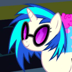 Size: 310x310 | Tagged: safe, screencap, dj pon-3, vinyl scratch, pony, unicorn, a hearth's warming tail, g4, animated, cropped, female, gif, glasses, happy, mare, present, smiling, solo