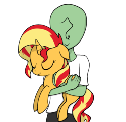 Size: 968x933 | Tagged: safe, artist:zharkaer, sunset shimmer, oc, oc:anon, human, pony, unicorn, cute, eyes closed, filly, filly sunset shimmer, floppy ears, holding a pony, shimmerbetes, simple background, sleeping, smiling, transparent background, younger