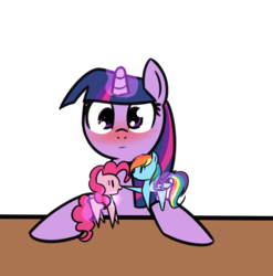 Size: 922x932 | Tagged: safe, artist:neuro, pinkie pie, rainbow dash, twilight sparkle, alicorn, pony, g4, blushing, boop, doll, female, lesbian, levitation, lewd, magic, mare, ship:pinkiedash, shipper on deck, shipping, simple background, solo, telekinesis, toy, transparent background, twilight the shipper