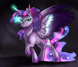 Size: 1133x977 | Tagged: safe, artist:not-ordinary-pony, twilight sparkle, alicorn, pony, g4, colored wings, colored wingtips, female, frown, glare, glowing eyes, glowing horn, gritted teeth, horn, magic, raised hoof, solo, spread wings, sternocleidomastoid, twilight sparkle (alicorn)