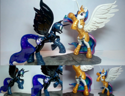 Size: 1024x792 | Tagged: safe, artist:hampony, artist:harwick, nightmare moon, princess celestia, alicorn, pony, g4, armor, craft, fight, figure, sculpture, traditional art