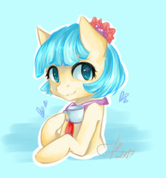 Size: 400x427 | Tagged: safe, artist:pinkymynery2212, coco pommel, earth pony, pony, g4, cup, drink, female, hoof hold, signature, simple background, smiling, solo