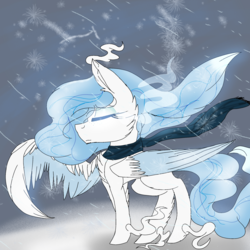 Size: 2560x2560 | Tagged: safe, artist:brokensilence, oc, oc only, oc:glacia, original species, blizzard, flowing scarf, glowing eyes, high res, large wings, magic, protecting eyes, snow, snowfall, solo, wings, winter