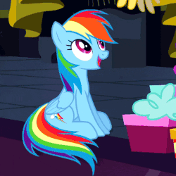 Size: 503x503 | Tagged: safe, edit, edited screencap, screencap, rainbow dash, sunshower raindrops, pegasus, pony, a hearth's warming tail, g4, animated, cropped, cute, dashabetes, eyes closed, female, flying, gif, happy, hoof hold, mare, open mouth, present, sitting, smiling, solo focus, spread wings