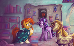Size: 1280x800 | Tagged: safe, artist:php174, discord, king sombra, lord tirek, nightmare moon, queen chrysalis, starlight glimmer, sunburst, oc, oc:alice goldenfeather, pegasus, pony, g4, book, female, mare, story in the source