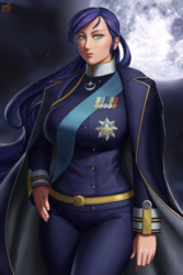 Size: 1280x1920 | Tagged: safe, artist:lvl, princess luna, human, g4, blue hair, breasts, bust, busty princess luna, cape, clothes, commission, female, full moon, humanized, long hair, looking at you, medal, military uniform, moon, night, outdoors, portrait, sash, solo, stars, uniform