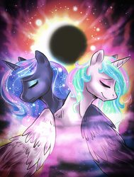 Size: 788x1040 | Tagged: dead source, safe, artist:not-ordinary-pony, princess celestia, princess luna, alicorn, pony, g4, duo, eclipse, eyes closed, eyeshadow, frown, makeup, missing accessory, royal sisters, smiling