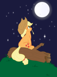 Size: 2488x3320 | Tagged: safe, artist:tim015, applejack, earth pony, pony, g4, cowboy hat, female, floppy ears, full moon, hat, high res, log, looking up, mare, moon, night, night sky, rear view, sitting, solo, starry night, stars, stetson