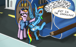 Size: 1456x911 | Tagged: safe, artist:testostepone, copper top, rainbow dash, g4, anatomically incorrect, arm behind back, arrested, bipedal, carriage, colored sketch, copypasta, cuffs, dialogue, incorrect leg anatomy, meme, navy seal copypasta, police, shackles, this will end in jail time