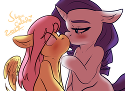 Size: 1828x1332 | Tagged: safe, artist:slynecallisto, fluttershy, rarity, pegasus, pony, unicorn, g4, blushing, duo, female, floppy ears, kiss on the lips, kissing, lesbian, mare, pinpoint eyes, ship:flarity, shipping, simple background, spread wings, surprise kiss, wide eyes, wingboner