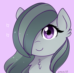 Size: 3561x3490 | Tagged: safe, artist:emera33, marble pie, earth pony, pony, g4, bust, chest fluff, ear fluff, female, fluffy, hair over one eye, high res, mare, pink background, portrait, simple background, smiling, solo, when she smiles