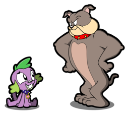 Size: 1456x1316 | Tagged: safe, artist:kingtoby19, spike, dog, equestria girls, g4, bulldog, crossover, duo, grin, hand on hip, looking at each other, nervous, nervous smile, simple background, sitting, smiling, spike bulldog, spike the dog, tom and jerry, transparent background