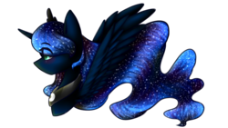 Size: 1280x720 | Tagged: safe, artist:ladyunilove, princess luna, g4, blushing, bust, crown, dat mane, female, jewelry, regalia, side portrait, signature, simple background, solo, spread wings, transparent background, wings
