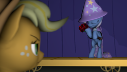 Size: 3840x2160 | Tagged: safe, artist:oc1024, applejack, trixie, pony, unicorn, boast busters, g4, 3d, applejack is not amused, arm hooves, cape, clothes, cute, diatrixes, eyes closed, female, flower, hat, high res, mare, scene interpretation, source filmmaker, stage, standing, trixie's cape, trixie's hat, unamused