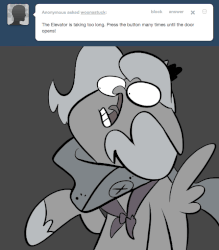 Size: 666x761 | Tagged: safe, artist:egophiliac, princess luna, moonstuck, g4, animated, ask, cartographer's muffler, elevator, female, filly, gif, grayscale, marauder's mantle, monochrome, solo, tumblr, tumblr comic, woona, woonoggles, younger