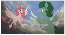 Size: 1024x565 | Tagged: safe, artist:stepandy, oc, oc only, alicorn, pegasus, pony, cloud, duo, female, flying, mare, patreon, patreon logo, unshorn fetlocks